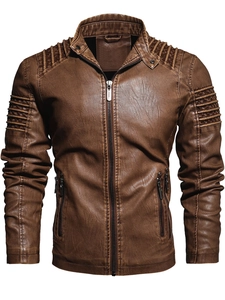 Detail view of brown PU leather biker jacket with quilted stitching on shoulders