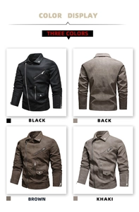 Detail view of multi-zipper motorcycle PU leather jackets in black, brown, and khaki colors