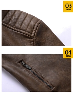 Detail of brown PU leather jacket with quilted shoulder stitching and metal zipper pocket