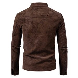Rear view of brown faux suede jacket featuring quilted shoulder patches and zipped cuffs