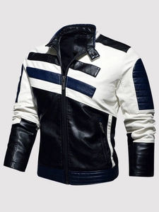 Veste de moto tricolore en similicuir pour homme avec col montant et détails matelassés