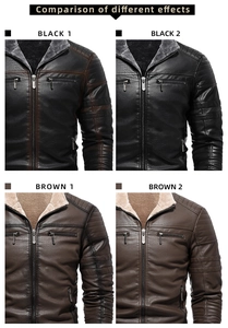 Detail showing four vintage PU leather jacket finishes with faux fur collar textures
