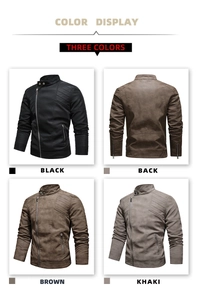 Detail view of men's PU leather biker jacket featuring quilted shoulders and slanted zipper