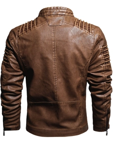 Detail view of brown faux leather biker jacket with pleated shoulders and zip cuffs