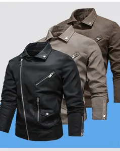 Detailed view of the zippers and textured faux leather on men's biker jackets