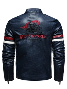 Men's navy blue faux leather biker jacket featuring vintage motorcycle embroidery on back