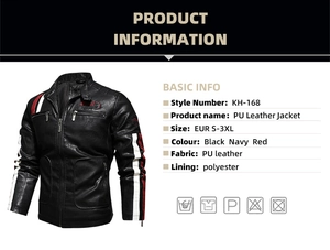 Detail specifications of the men's PU leather racing jacket with embroidery and striped sleeves