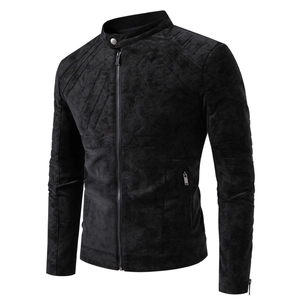 Close-up of black suede jacket featuring stand collar with snap and quilted shoulder detail