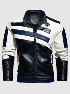 Veste de moto en cuir PU pour hommes avec design tricolore et col montant chic