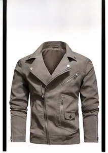 Detail view of taupe faux suede biker jacket with asymmetrical zippers and lapel collar