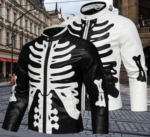 Detailed close-up of punk style skeleton print faux leather motorcycle jackets for men