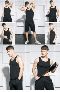 Detailed view of men's modal tank top and shorts set featuring breathable elastic fabric