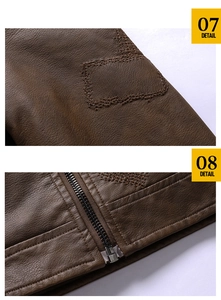 Detail view of brown PU leather jacket showing square stitching and metal zipper texture