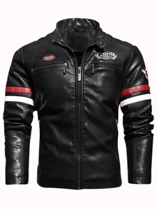 Men's black faux leather motorcycle jacket with red stripes and racing patches