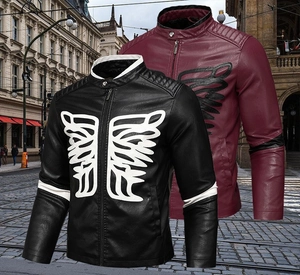 Detail of embroidered faux leather biker jackets with bone motifs and quilted shoulders