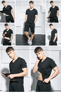 Detail view of men's black V-neck modal T-shirt set with high elasticity fabric texture