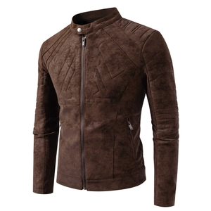 Detailed view of the dark brown faux suede biker jacket with stand collar and quilted seams