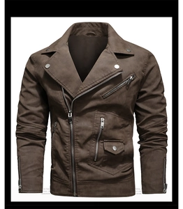 Detail view of the vintage brown PU leather biker jacket with multiple functional zippers