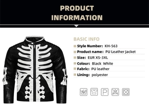 Men's PU leather motorcycle jacket with white skeleton print detail and size chart