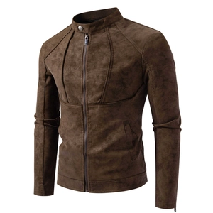 Detailed view of the dark brown faux suede texture and stitching on motor jacket