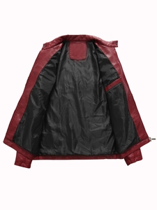 Slim fit burgundy motorcycle PU leather jacket with stand collar and inner pocket detail
