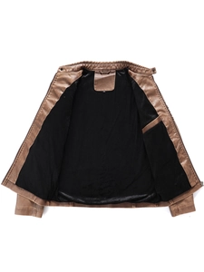 Close-up of the plush fleece lining and internal pocket of the brown PU leather jacket