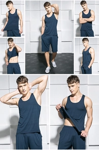 Detail view of men's navy blue cotton vest and shorts set in various poses and angles