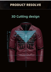 Detail of burgundy PU leather motorcycle jacket showing 3D cutting and embroidery work