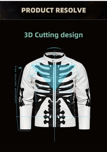 Detail showing 3D cutting design of white PU leather motorcycle jacket with skeleton print