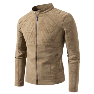 Detail of vintage faux leather jacket with geometric quilting and standing collar