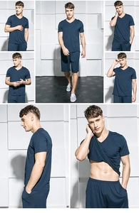 Detailed views of men's summer V-neck short sleeve T-shirt and shorts lounge set