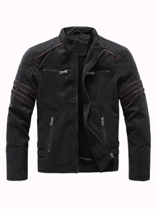 Men Motorcycle PU Leather Jacket Stand Collar Vintage Faux Leather Coat Warm Fleece Lined Windproof Outerwear For Winter