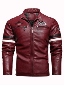 Men's dark red racing faux leather motorcycle jacket with white striped sleeves