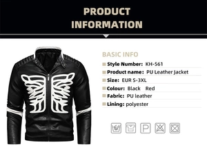 Detailed size chart for black PU leather biker jacket with embroidery and striped cuffs