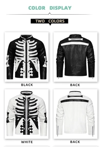 Detailed front and back view of PU leather biker jacket with skeleton bone print