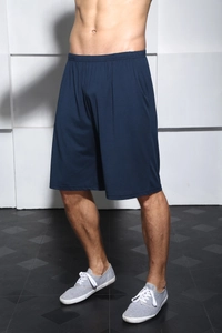 Detail view of navy casual shorts with elastic waistband and invisible side pockets
