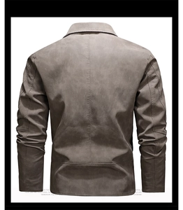 Detail view of the back seams and matte texture on a men's gray faux suede motorcycle jacket