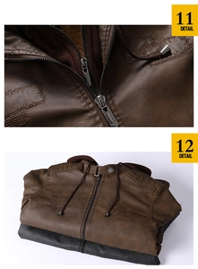 Detail of men's brown PU leather jacket showing the hood, zipper, and embroidery textures