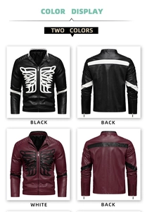 Detailed color display of biker jackets with skull rib embroidery on front and back views