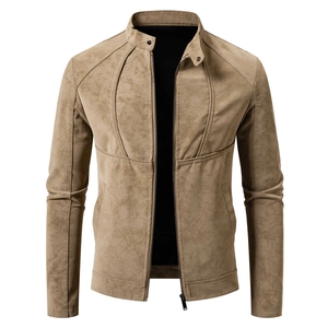 Detailed view of khaki suede biker jacket with stand collar and metallic zipper design