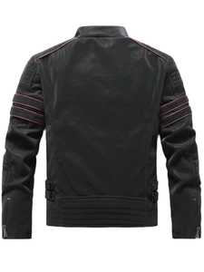 Men's slim fit black matte PU biker jacket with red stripe back and shoulder details