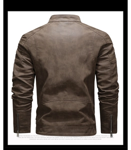 Detailed back view of brown PU leather biker jacket with stand collar and zipper cuffs