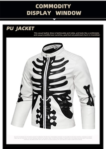 Detail of PU leather jacket with skeleton print, stand collar and quilted shoulders