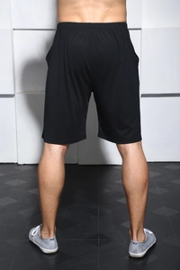 Rear view of men's black breathable summer sports shorts with elastic drawstring waist