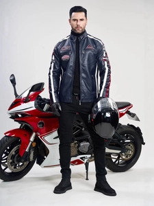 Veste de course en similicuir bleu marine pour hommes avec rayures et broderies