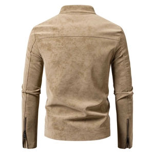 Detailed back view of a camel faux suede biker jacket with stand collar and zipper cuffs