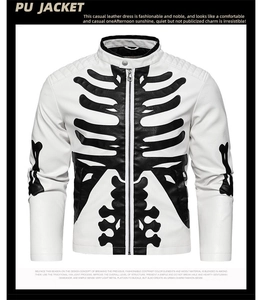 Detailed view of white PU leather jacket featuring black skeleton bone printing and textures