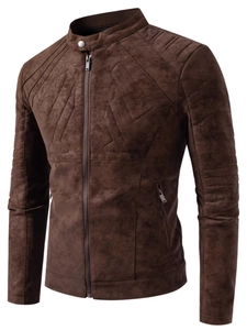 Men Vintage Moto Jacket Faux Suede Stand Collar Regular Fit Biker Coat Zipper Geometric Quilting Outerwear Autumn Clothing