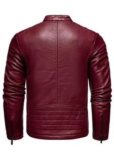 Men's burgundy motorcycle PU leather jacket showing the detailed stitched back view