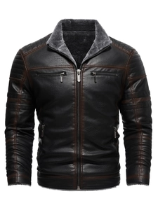 Vintage Men's PU Leather Jacket Faux Fur Fleece Lined Windproof Warm Stand Collar Motorcycle Biker Style Outerwear For Men